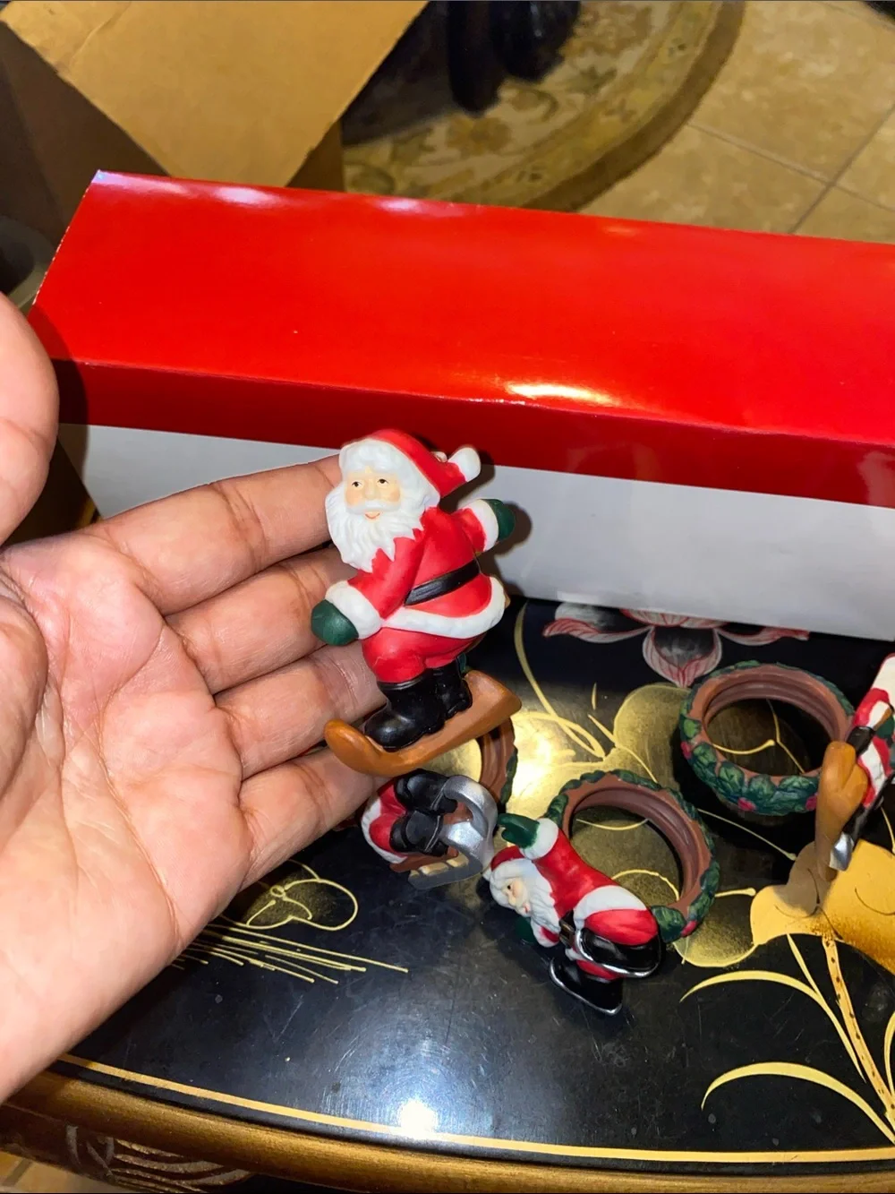 Vintage Studio Nova Set of 4 Santa Skiing Napkin Rings
